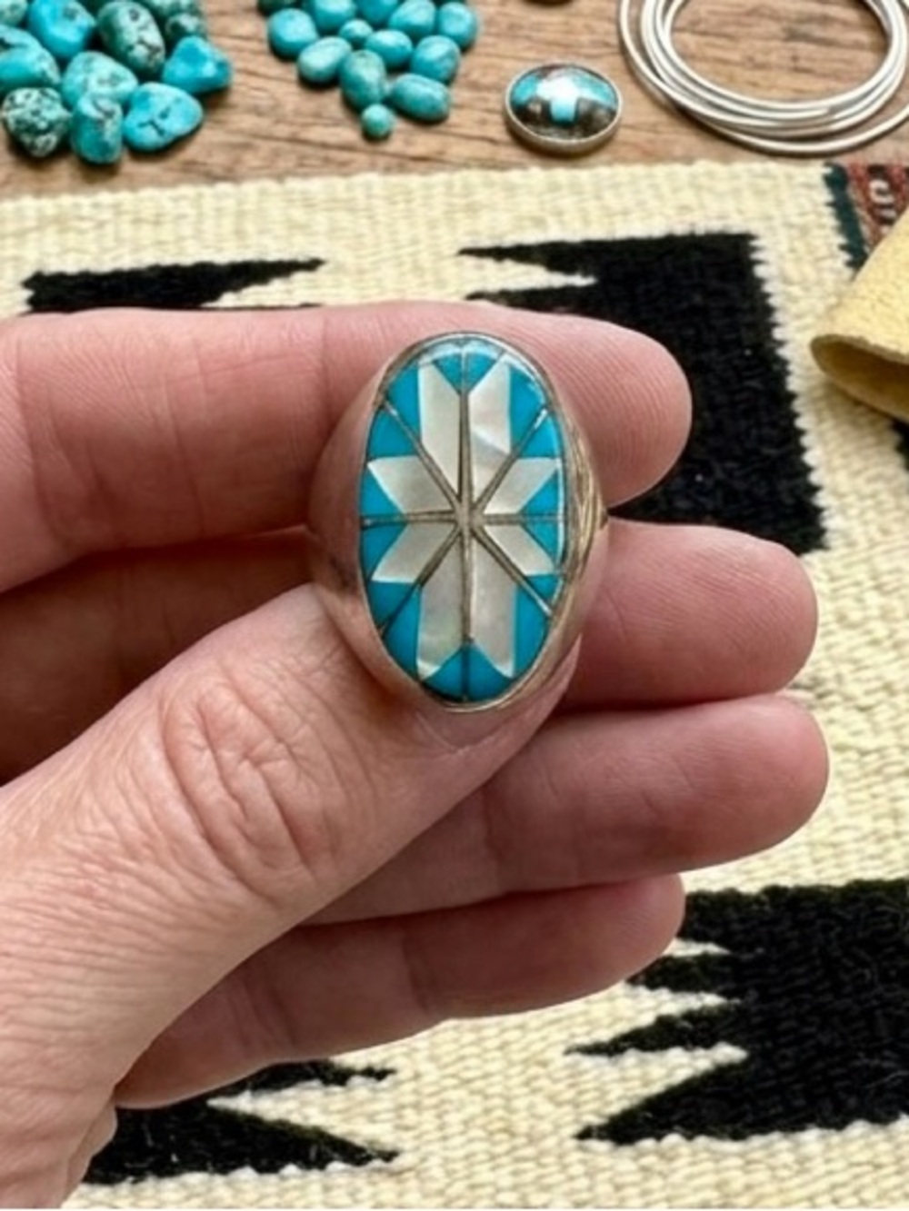 Zuni Native American Sterling Silver Turquoise Multi Stone Inlay Mens Ring 12.5